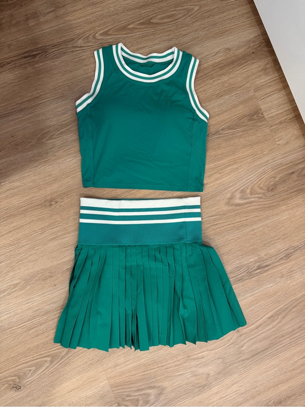 Green Striped Athletic Crop Top and Pleated Skirt Set